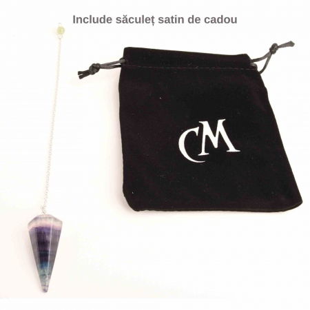 Pendul radiestezie Fluorit violet si saculet satin de catifea- Pentru meditatie, divinatie [2]