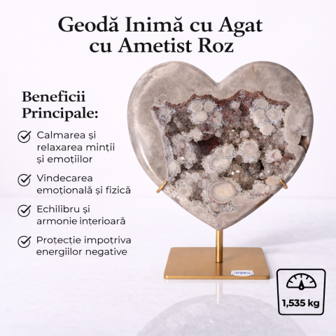Inima din Agat Pink Ametist cu Geoda naturala – piesa unicat sculptata manual Brazilia 1.535 kg [3]