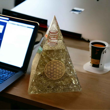 Piramida Orgonica cristal Citrin si Floarea vietii de 11 cm pentru Bogatie si Succes - Piatra Comerciantului pentru Confort si Energie Pozitiva [3]