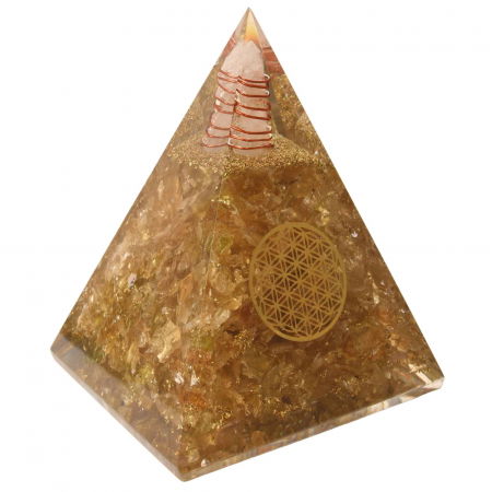 Piramida Orgonica cristal Citrin si Floarea vietii de 11 cm pentru Bogatie si Succes - Piatra Comerciantului pentru Confort si Energie Pozitiva