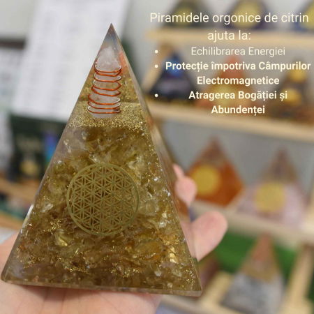 Piramida Orgonica cristal Citrin si Floarea vietii de 11 cm pentru Bogatie si Succes - Piatra Comerciantului pentru Confort si Energie Pozitiva [2]