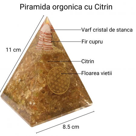 Piramida Orgonica cristal Citrin si Floarea vietii de 11 cm pentru Bogatie si Succes - Piatra Comerciantului pentru Confort si Energie Pozitiva [1]