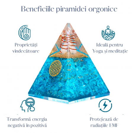Piramida Orgonica cu cristal Acvamarin si simbolul floarea vietii 8 cm – pentru energie pozitiva, curaj, eliminarea fricii si a stresului [1]