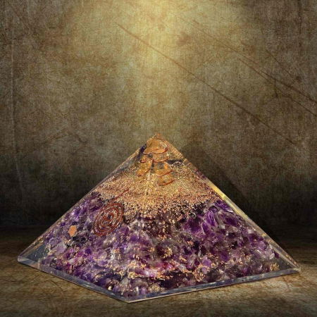 Piramida Orgonica cu cristal Ametist si simbolul floarea vietii 8 cm – Pentru energie, vindecarea reiki, echilibrarea chakrelor [2]
