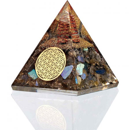 Piramida Orgonica cu cristale Labradorit si simbolul floarea vietii 8 cm – pentru dezvoltare spirituala si emotionala [1]