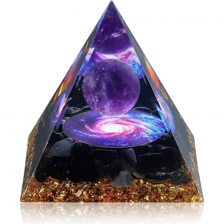 Piramide Orgonice - Piramida Orgonica cu cristale vindecatoare de Ametist, Obsidian, foita de aur, rasina naturala si sfera din cristal ametist 8 cm – pentru energie pozitiva si reducerea stresulu.