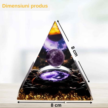 Piramida Orgonica cu cristale vindecatoare de Ametist, Obsidian, foita de aur, rasina naturala si sfera din cristal ametist 8 cm – pentru energie pozitiva si reducerea stresulu. [1]