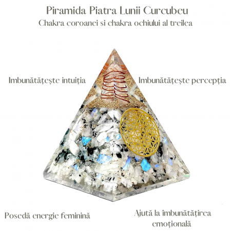 Piramida Orgonica cu Piatra lunii curcubeu si simbolul floarea vietii 8 cm – incurajeaza speranta, sensibilitatea, intuitia si abilitatile psihice [3]
