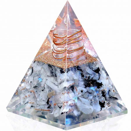 Piramide din Cristal și Orgonice - Piramida Inspirationala Orgonita pentru Succes | Piramida Orgone din Piatra Lunii Curcubeu - Liniste – Dezvoltare – Putere