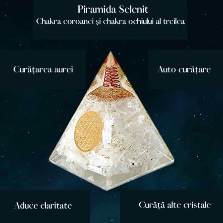 Piramida orgonica cu selenit si simbolul floarea vietii 8 cm – pentru curatarea energiei negative, pace, calm si energie pozitiva [1]