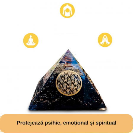 Piramida Orgonica cu Turmalina neagra si simbolul floarea vietii 8 cm – pentru meditatie si trezirea spiritualitatii si a abilitatilor interioare [7]