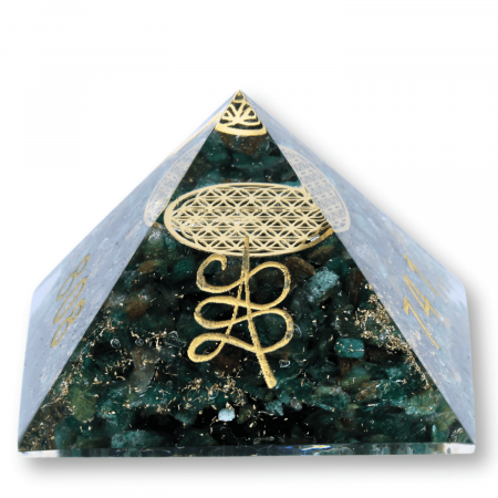 Piramide din Cristal și Orgonice - Piramida orgonica cu simboluri Zibu cu Jad verde - Prosperitate