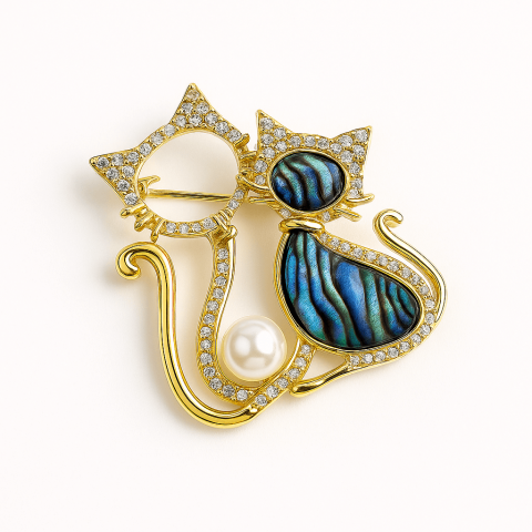 Echilibrare Energetica - Pisica misterioasa – Brosa cu scoica abalone si perla eleganta