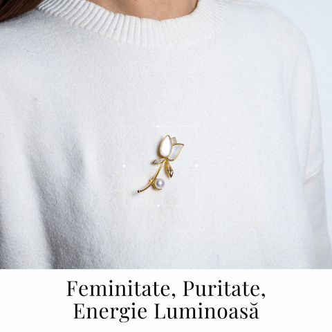 Raza de lumina – Brosa cu design floral cu perla si straluciri sidefate [1]