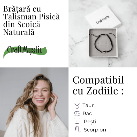 Protectie si Noroc – Bratara cu Charm Pisica din Scoica Naturala, Neagra [4]