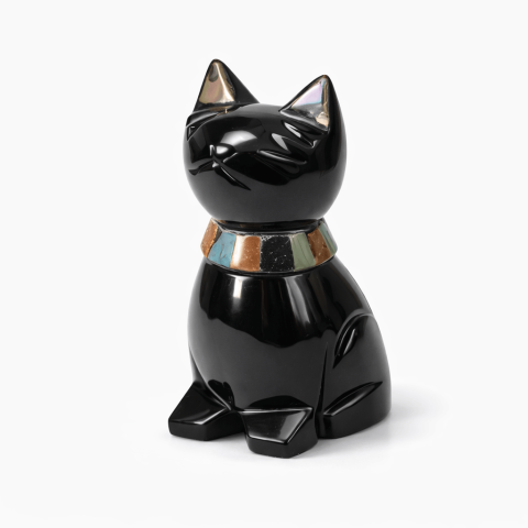 Cristale și Pietre Semiprețioase - Pisicuta Feng Shui din Obsidian Negru Mexican cu insertii de pietre naturale – editie limitata
