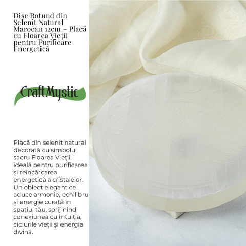 Disc Rotund din Selenit Natural 12cm – Placa Floarea Vietii pentru Purificare si Armonie Energetica [2]