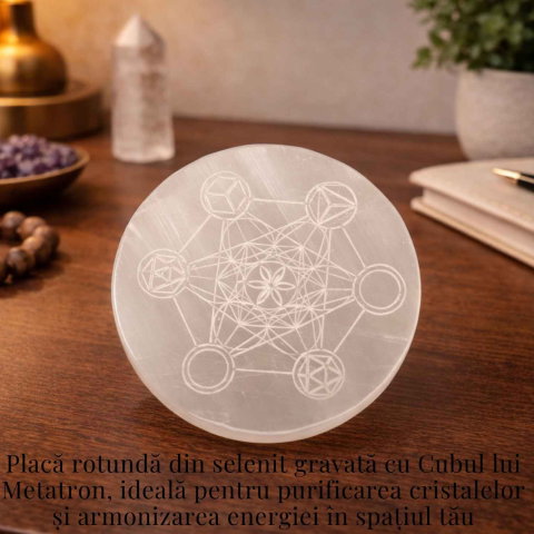 Placa Rotunda din Selenit Natural cu Cubul lui Metatron 8x8 cm– Purificare si Echilibru Energetic [4]
