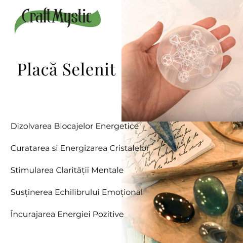Placa Rotunda din Selenit Natural cu Cubul lui Metatron 8x8 cm– Purificare si Echilibru Energetic [1]