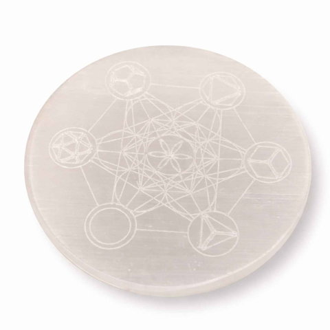 Cristale pentru Curățare și Încărcare Energetică - Placa Rotunda din Selenit Natural cu Cubul lui Metatron 8x8 cm– Purificare si Echilibru Energetic