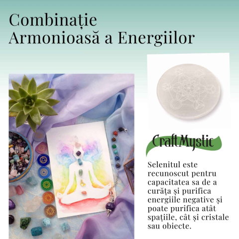 Placa Rotunda din Selenit Natural cu Cubul lui Metatron 8x8 cm– Purificare si Echilibru Energetic [3]