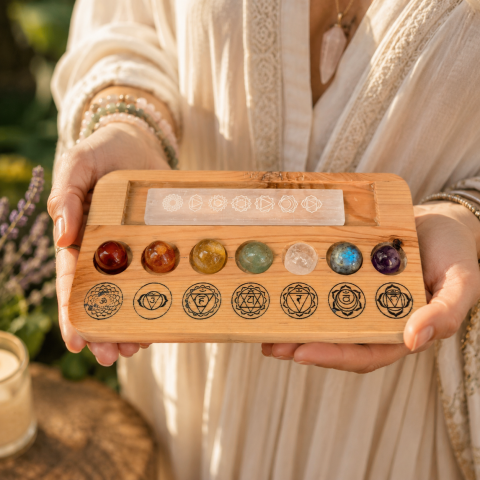 Set 7 Pietre Chakra cu Placa de Selenit si Suport din Lemn – Echilibru Energetic si Purificare [2]