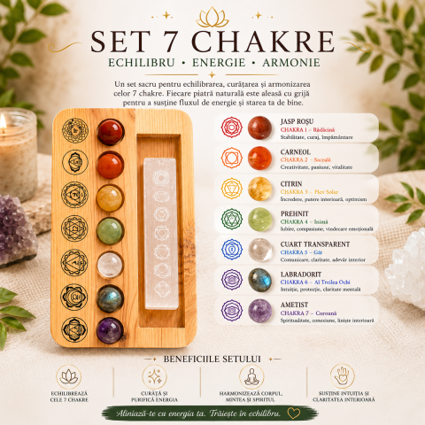 Set 7 Pietre Chakra cu Placa de Selenit si Suport din Lemn – Echilibru Energetic si Purificare [5]