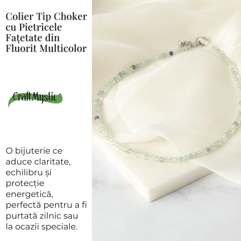 Claritate si Armonie – Choker din Otel Inoxidabil cu Fluorit Multicolor Natural Fatetat 3MM [2]
