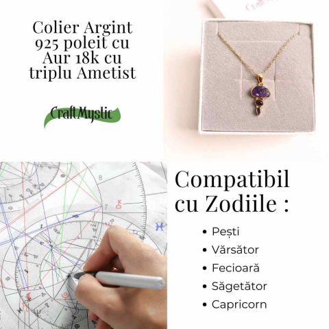 Calm Interior si Claritate Mentala – Colier inox si pandantiv argint 925 placat cu aur de18k si  Triplu Ametist [3]