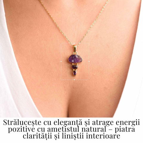 Calm Interior si Claritate Mentala – Colier inox si pandantiv argint 925 placat cu aur de18k si  Triplu Ametist [1]