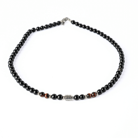 Obsidian - Energie si Protectie – Colier cu Ochi de Tigru Rosu si Obsidian pe Lant din Otel Inoxidabil