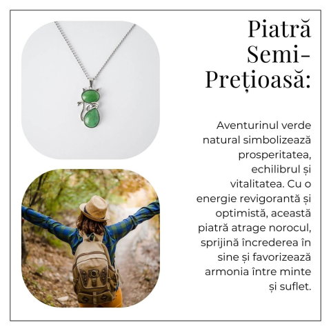 Noroc si Vitalitate – Colier Pisica din Otel Inoxidabil cu Aventurin Verde [5]