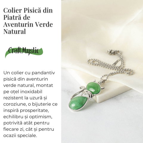 Noroc si Vitalitate – Colier Pisica din Otel Inoxidabil cu Aventurin Verde [2]