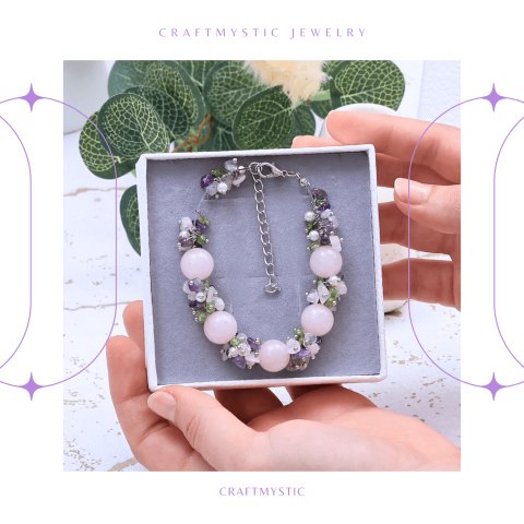 Bratara Ajustabila Cuart Roz 12mm si Pietre Mixte pentru Vindecare [3]