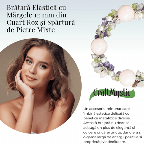 Bratara Ajustabila Cuart Roz 12mm si Pietre Mixte pentru Vindecare [4]