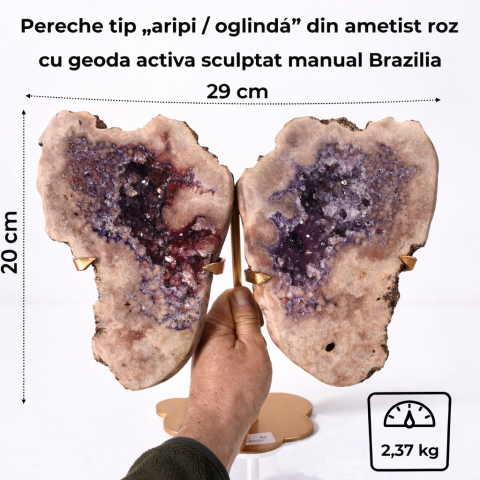 Pereche aripi din ametist roz cu geoda activa – sculptata manual Brazilia [1]