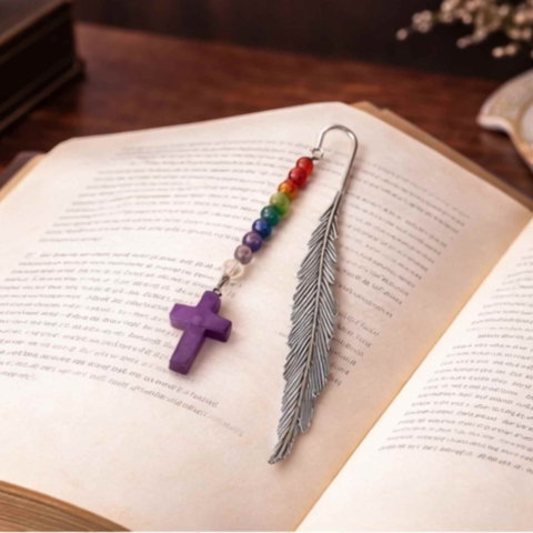 Semn de carte cu piatra naturala de Ametist, Cruce si 7 Chakre [4]