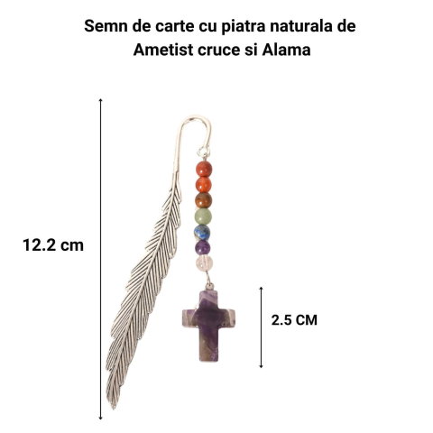 Semn de carte cu piatra naturala de Ametist, Cruce si 7 Chakre [3]