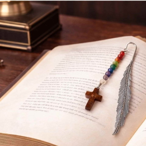 Semn de carte cu piatra naturala de Ochi de Tigru, Cruce si 7 Chakre [4]