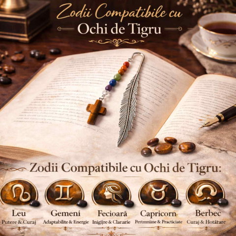 Semn de carte cu piatra naturala de Ochi de Tigru, Cruce si 7 Chakre [2]