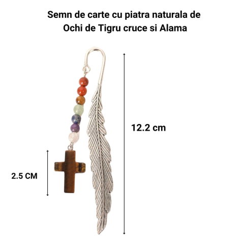 Semn de carte cu piatra naturala de Ochi de Tigru, Cruce si 7 Chakre [3]