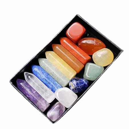 Citrin - Mini Set cu 7 mini pietre semipretioase polisate si 7 cristale semipretioase hexagonale naturale - cristale vindecatoare pentru meditatie, ameliorarea anxietatii, yoga