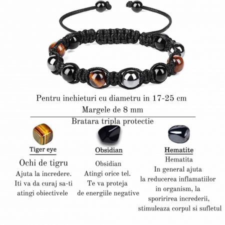 Set 2 bratari cu tripla protectie cu margele 8mm din Ochi de tigru, obsidian negru si hematit - Pentru barbati, femei, copii - Lucrate manual aduc noroc, prosperitate si fericire [2]