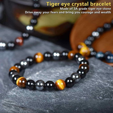 Set 3 Bratari cu Tripla Protectie, Bratara cu Margele de Cristal Vindecator de 8 mm, Bratara din Obsidian Hematit Ochi de Tigru Albastru Rosu pentru Femei si Barbati [2]