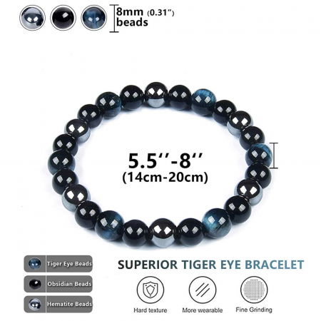 Set 3 Bratari cu Tripla Protectie, Bratara cu Margele de Cristal Vindecator de 8 mm, Bratara din Obsidian Hematit Ochi de Tigru Albastru Rosu pentru Femei si Barbati [1]