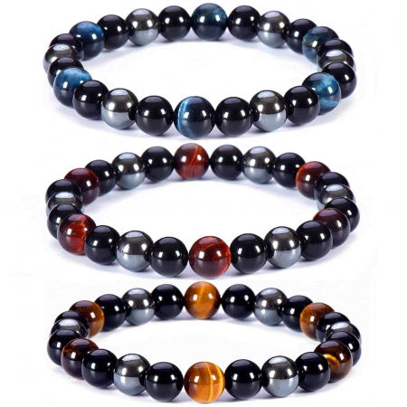 Gemeni - Set 3 Bratari cu Tripla Protectie, Bratara cu Margele de Cristal Vindecator de 8 mm, Bratara din Obsidian Hematit Ochi de Tigru Albastru Rosu pentru Femei si Barbati