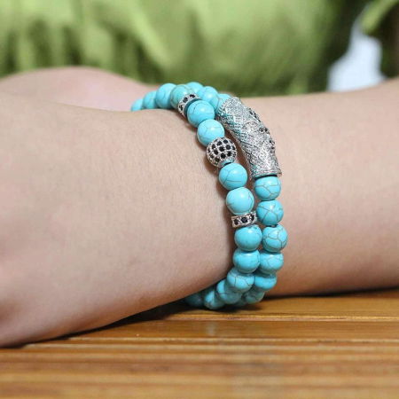 Set 2 Bratari din Turcoaz, Margele de Cristal de Vindecare de 8MM Lucrate Manual, Bratara Ajustabila - Bijuterii din Turcoaz pentru Noroc, Prosperitate si Fericire Simbol al Tineretului si Vitalitatii [1]