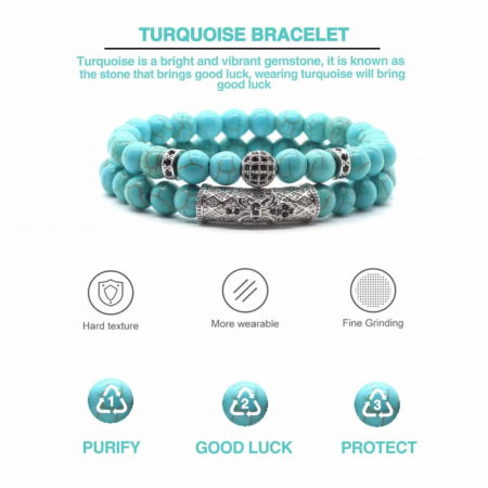 Set 2 Bratari din Turcoaz, Margele de Cristal de Vindecare de 8MM Lucrate Manual, Bratara Ajustabila - Bijuterii din Turcoaz pentru Noroc, Prosperitate si Fericire Simbol al Tineretului si Vitalitatii [4]