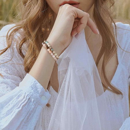 Bratara elastica cu margele pietre semipretioase de 8 mm din frunza agata de bambus si amazonit [3]