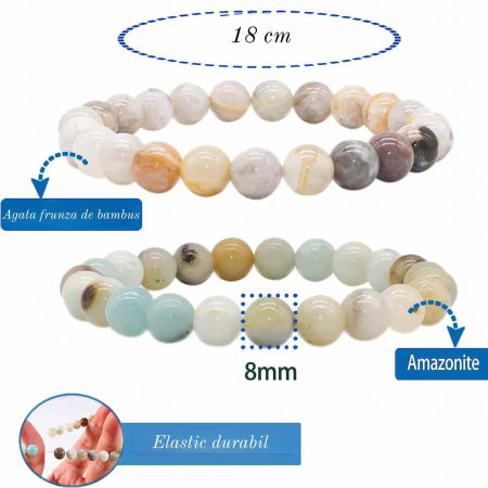 Bratara elastica cu margele pietre semipretioase de 8 mm din frunza agata de bambus si amazonit [1]